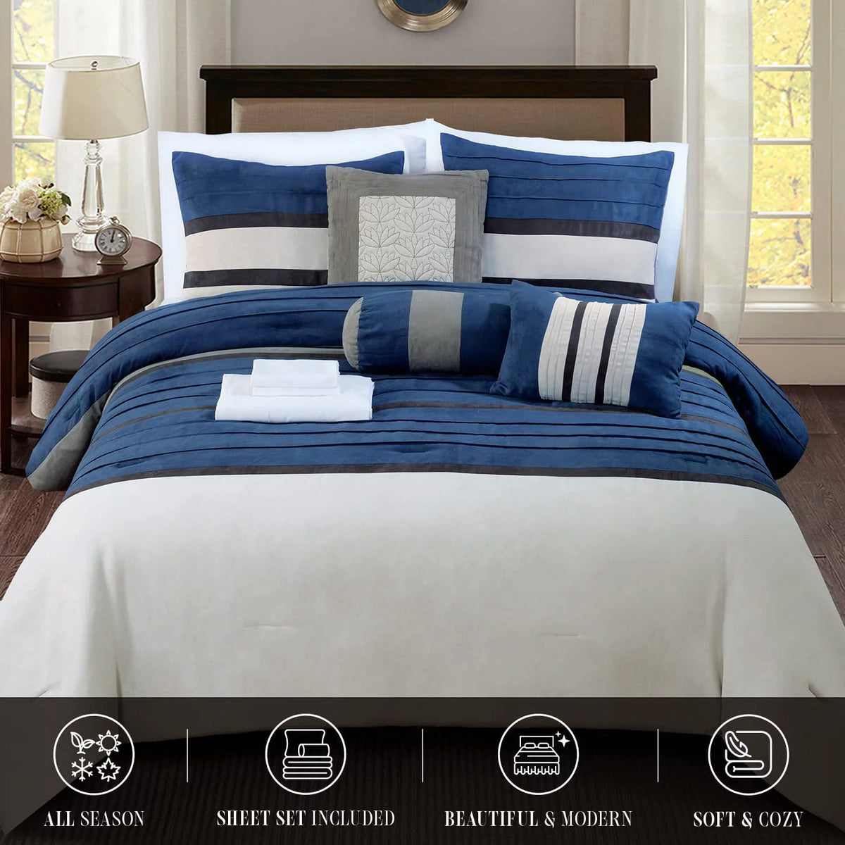 12-Piece Blue Microsuede Comforter Set Full/Queen F304