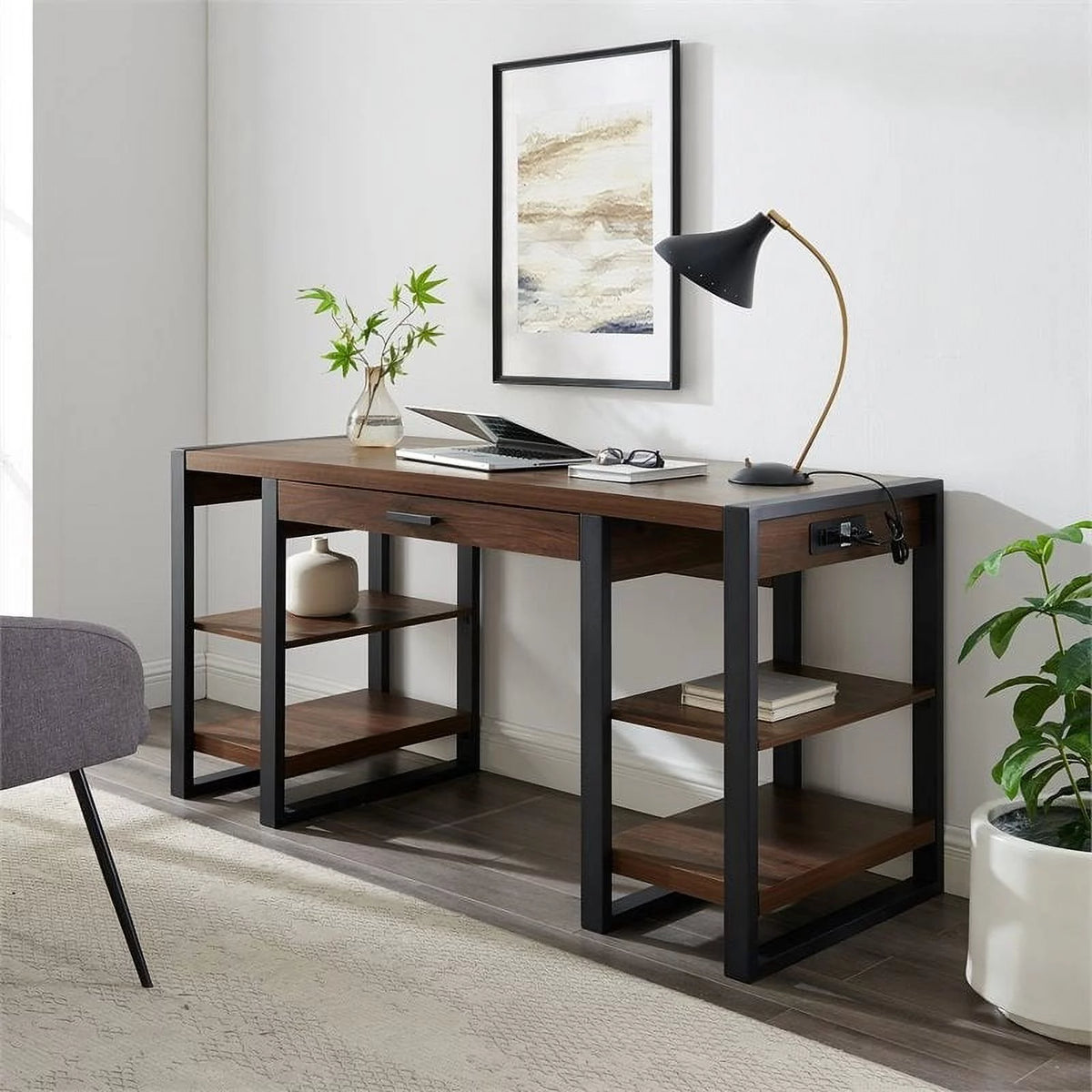 60" Industrial Wood Computer Desk in Dark Walnut Z653