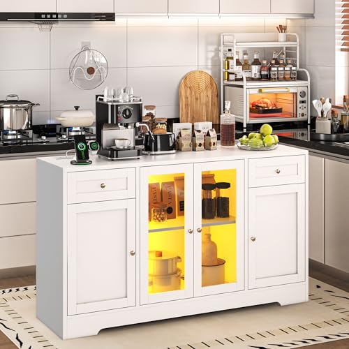 55'' Wood Coffee Bar Cabinet with 4 Doors and Charging Station W3423