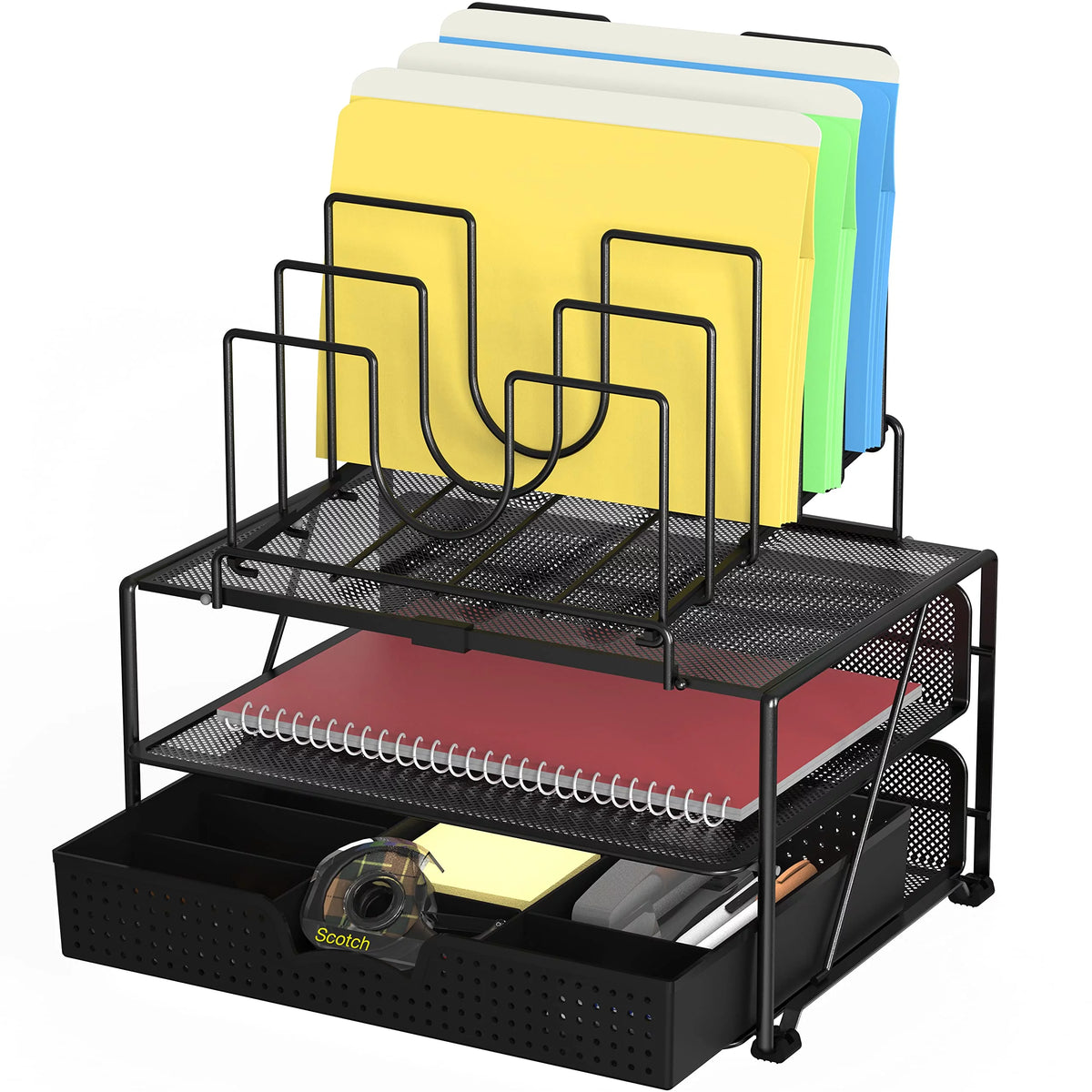 Black Mesh Desk Organizer with Double Tray and Sliding Drawer V5499