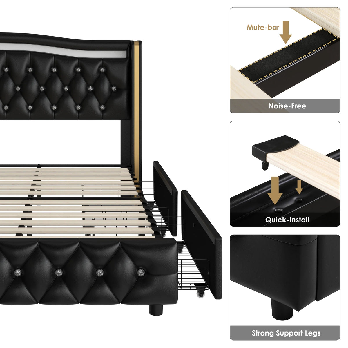 White Queen Size LED Bed Frame with 4 Storage Drawers B655