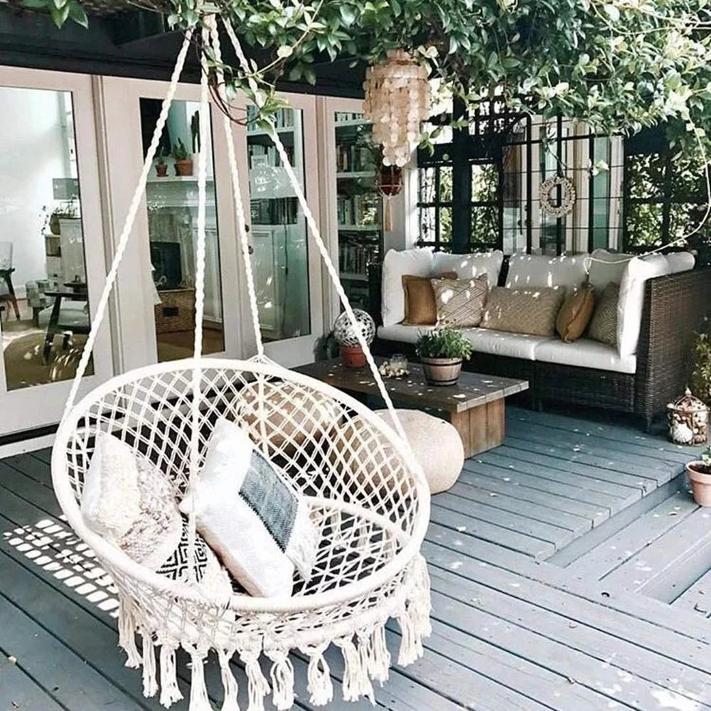 Hammock Chair Macrame Swing Chair Handmade Knitted Cotton Rope White A94322