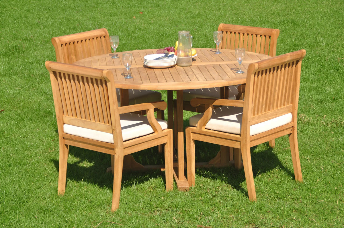5 Pc Teak Dining Set with Round Table and 4 Arm Chairs C77021