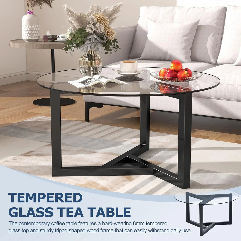 Glass Round Coffee Table with Wood Base Black Y3542