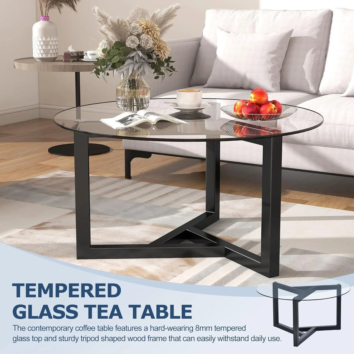 Glass Round Coffee Table with Wood Base Black Y3542