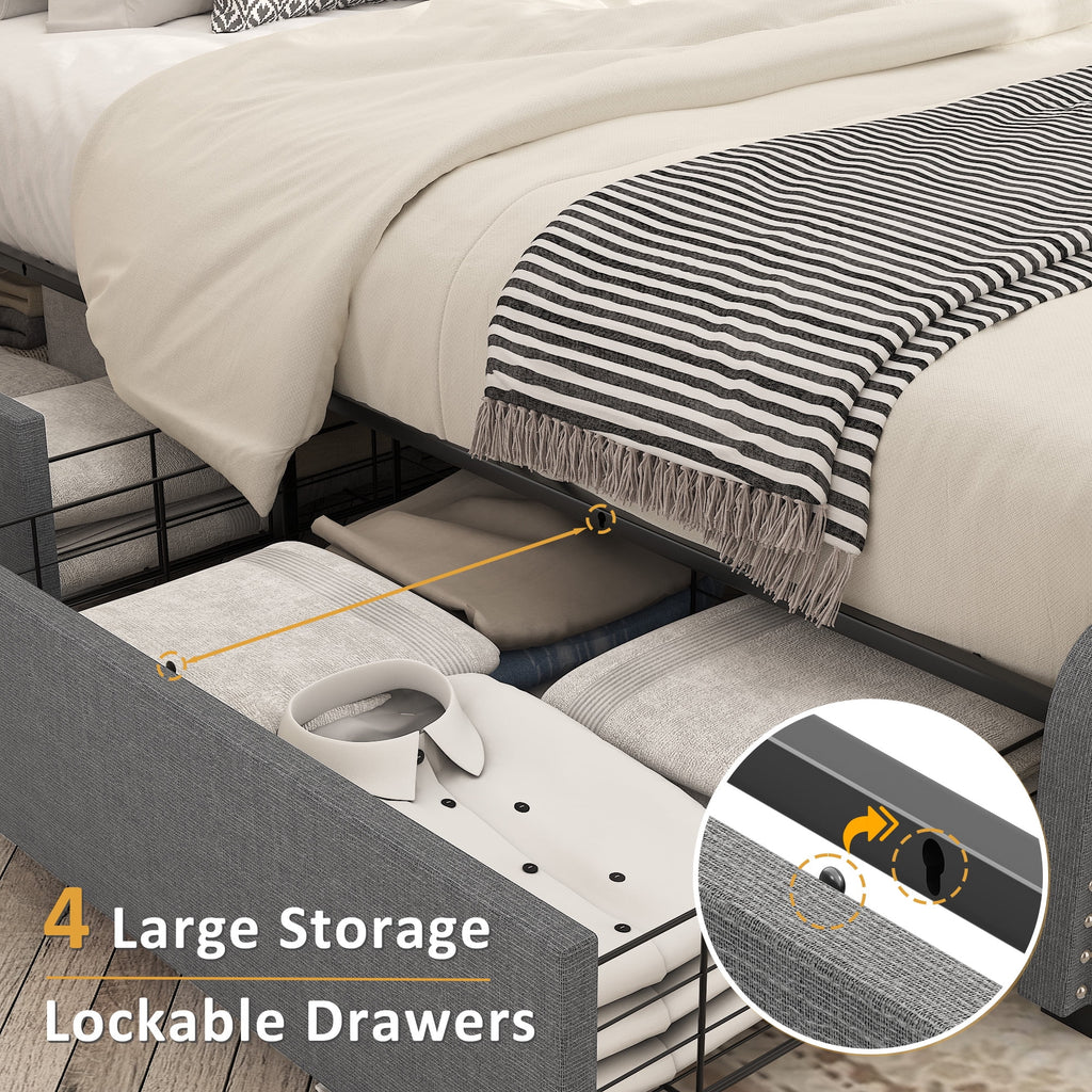 Queen Size Platform Bed Frame with 4 Storage Drawers X55127