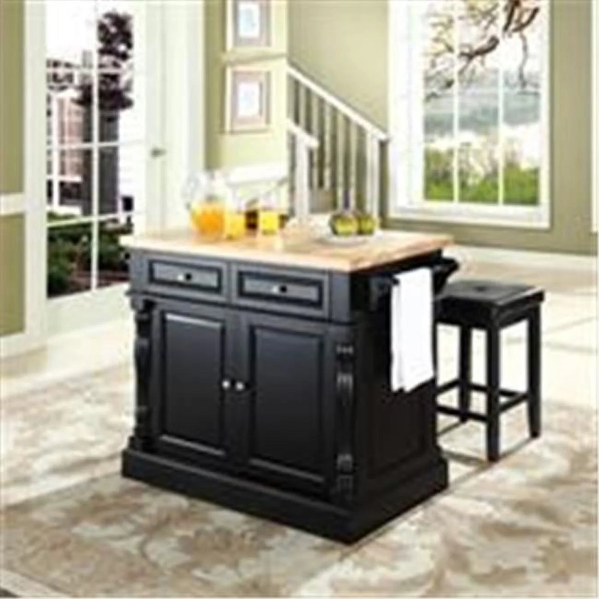 Black Kitchen Island with 24 in. Upholstered Square Seat Stools C813