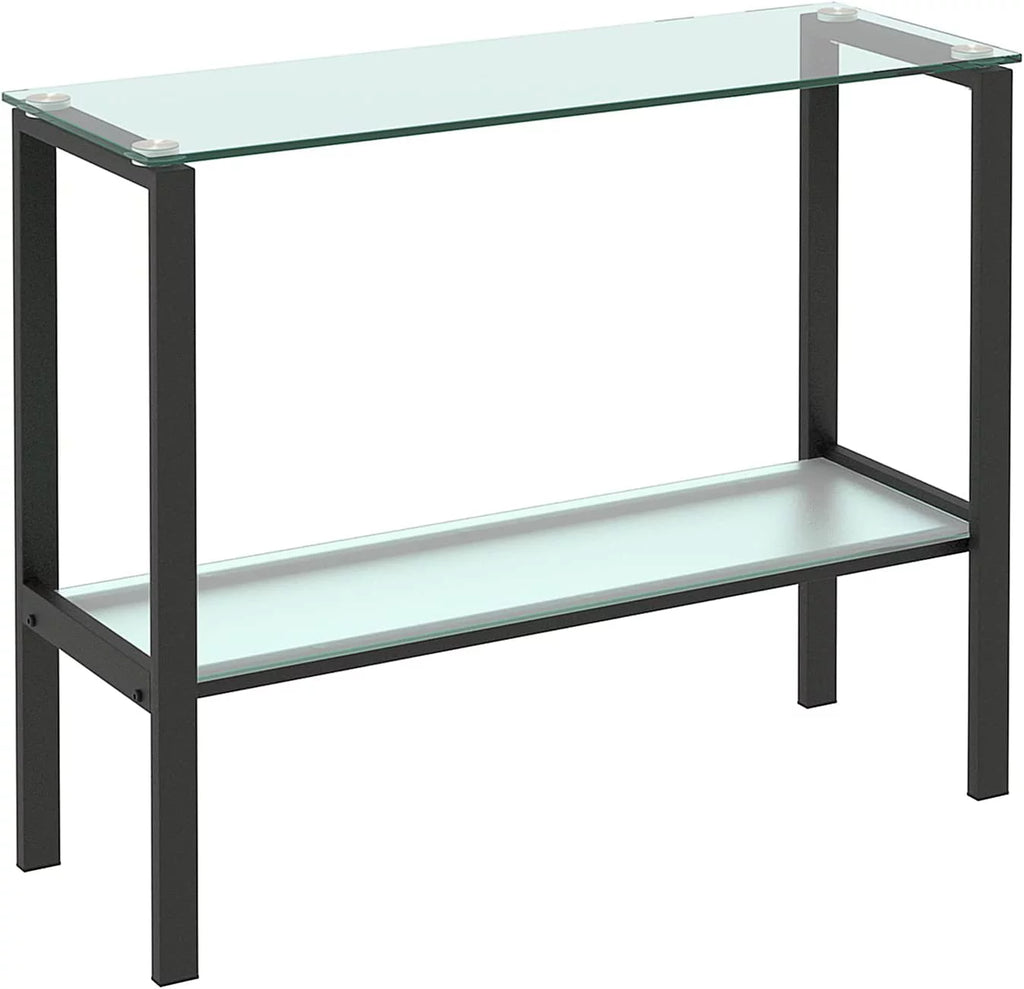 39.37" Black Console Table with 2 Shelves Tempered Glass Metal Frame Q95493