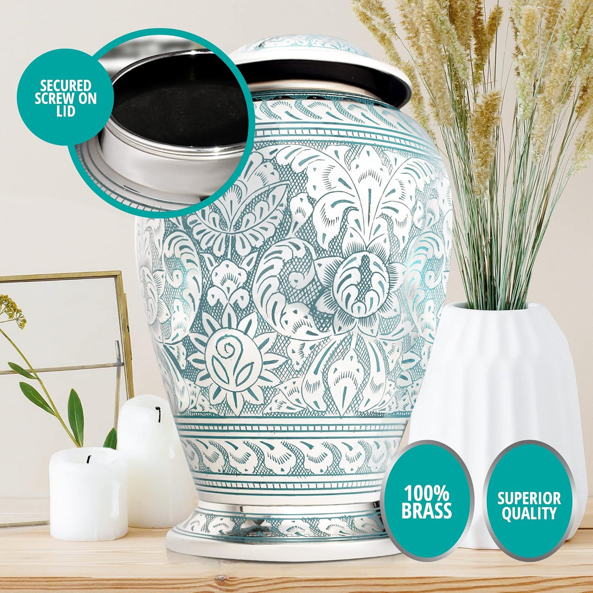 Silver-Blue Classical Brass Large Cremation Urn with Velvet Bag U33647