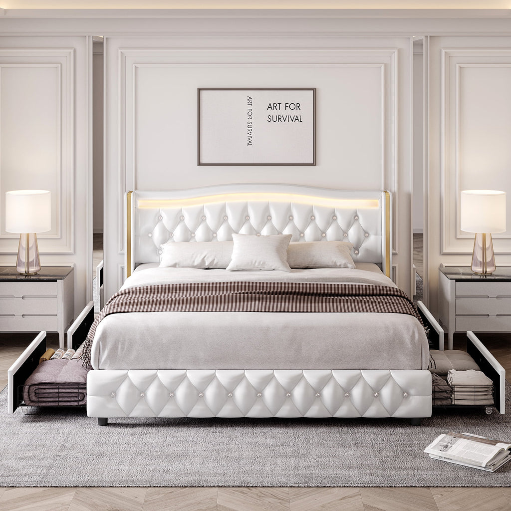White Queen Size LED Bed Frame with 4 Storage Drawers B655