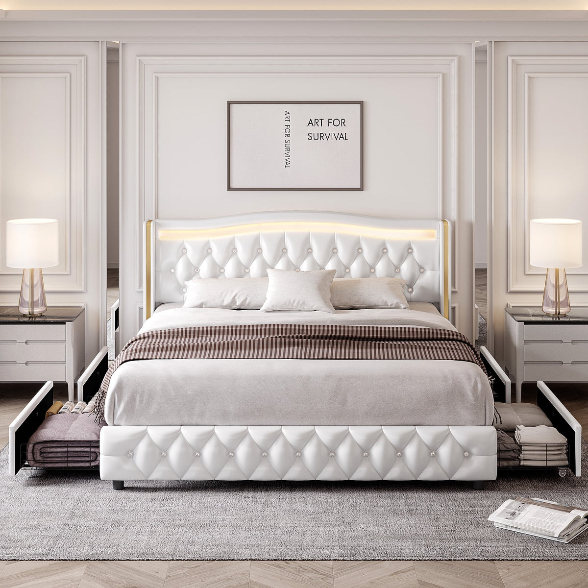 White Queen Size LED Bed Frame with 4 Storage Drawers B655