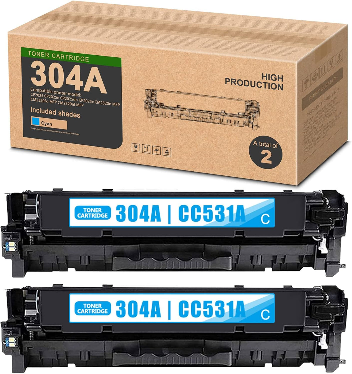 2-Black 304A CC530A Toner Cartridge Replacement for HP CM2320n CM2320fxi CM2320nf CP2025 CP2025n CP2025dn CP2025x Printer E10098