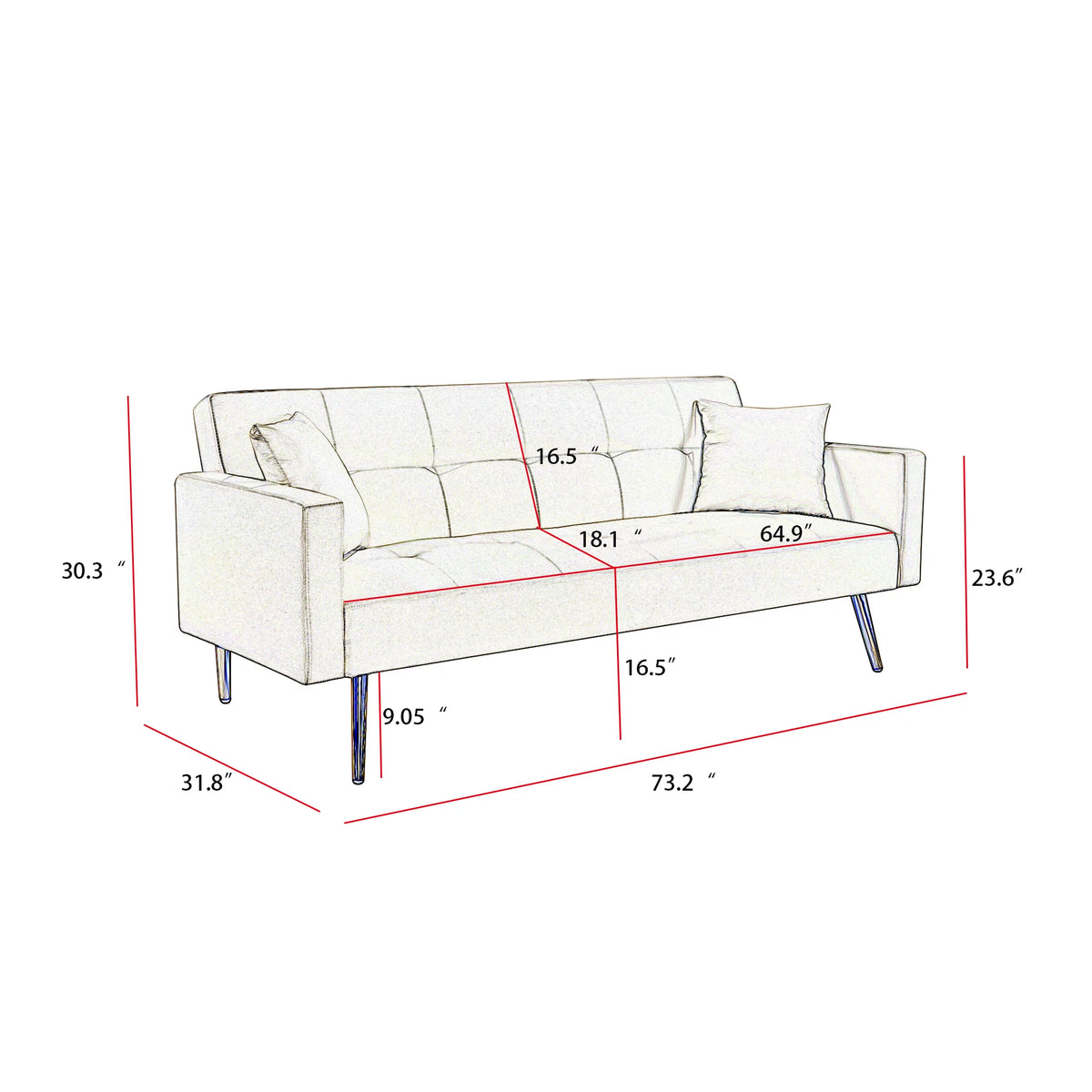 Gray Velvet Convertible Sofa Bed with 2 Pillows W808538