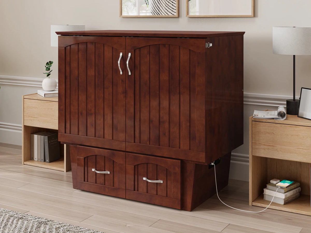 Twin Solid Wood Murphy Bed Chest with Mattress, Drawer & Charger, Walnut X35342