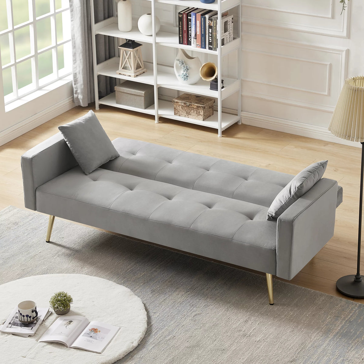 Gray Velvet Convertible Sofa Bed with 2 Pillows W808538