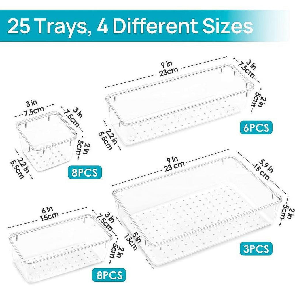 25 Count Clear Plastic Drawer Organizers Set, 4-Size Storage Bins J508