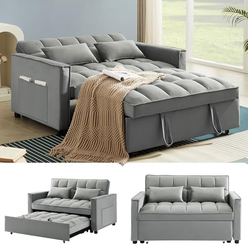 Beige Velvet Convertible Sleeper Sofa Bed with Pullout Bed F928358