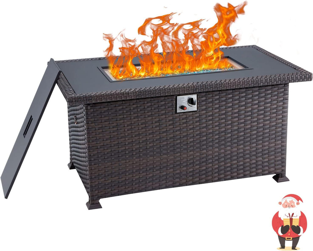 Propane Fire Pit Table 44in 50000BTU Auto-Ignition Smokeless with Cover and Blue Fire Glass Black N995