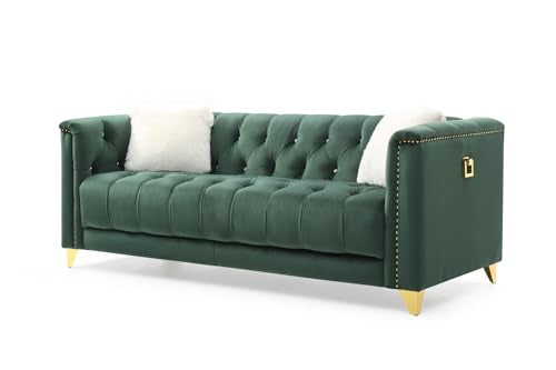 Green Deep Button Tufted Upholstered Sofa with Gold Legs F900