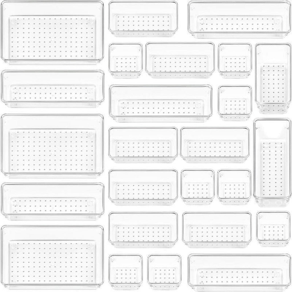 25 Count Clear Plastic Drawer Organizers Set, 4-Size Storage Bins J508