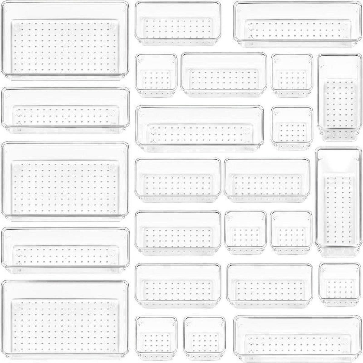 25 Count Clear Plastic Drawer Organizers Set, 4-Size Storage Bins J508