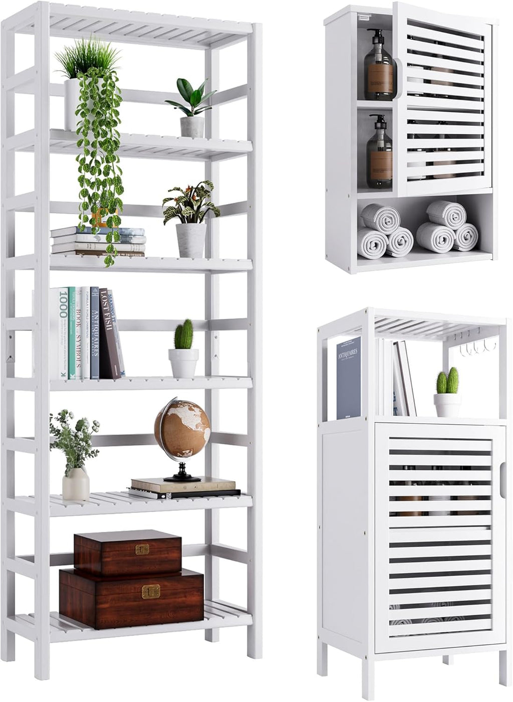 White Freestanding Bamboo Floor Cabinet with Adjustable Shelves and 4 Hooks L943024
