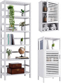 White Freestanding Bamboo Floor Cabinet with Adjustable Shelves and 4 Hooks L943024