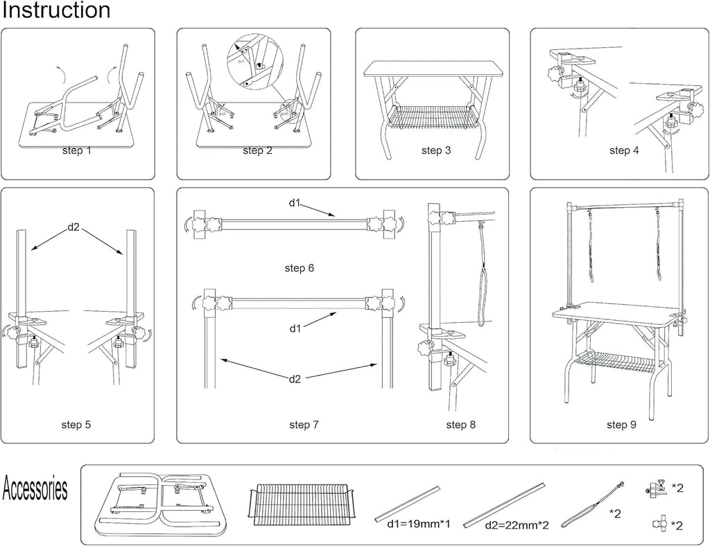 36" Folding Dog Pet Grooming Table with Adjustable Arm and Clamps, Loop Noose Stainless Steel Frame Rubber Mat D862