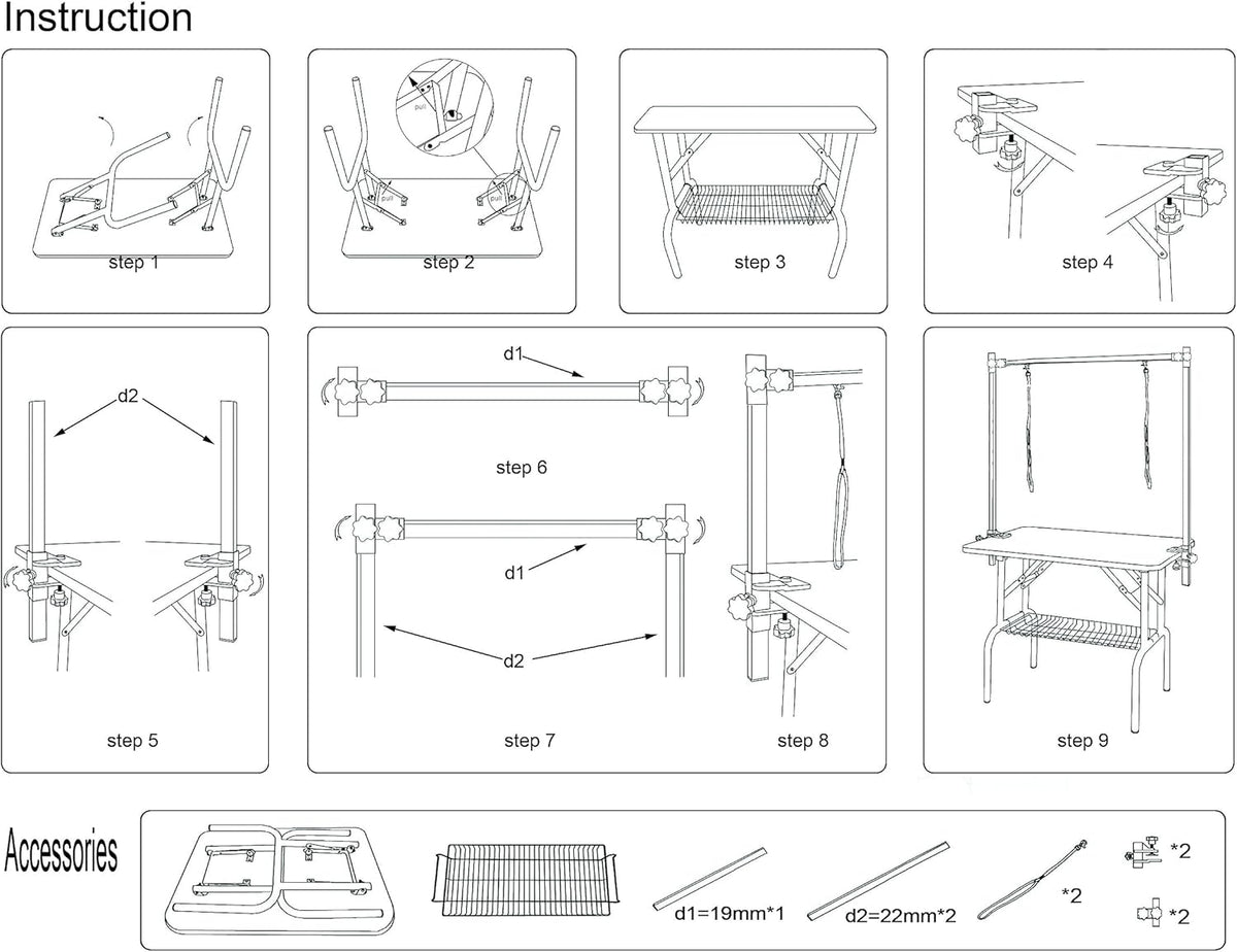 36" Folding Dog Pet Grooming Table with Adjustable Arm and Clamps, Loop Noose Stainless Steel Frame Rubber Mat D862