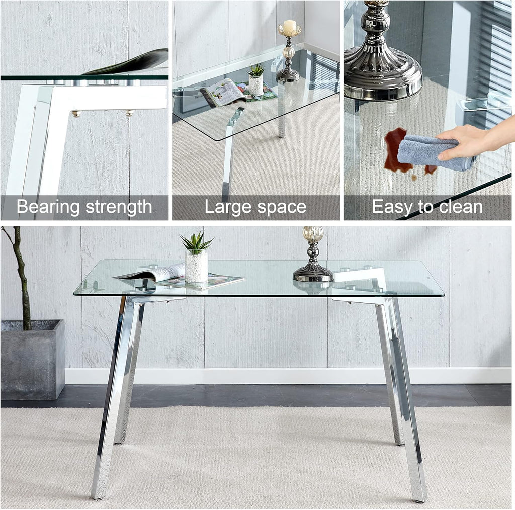 Rectangular Glass Dining Table with Tempered Glass Top and Silver Metal Legs M571408