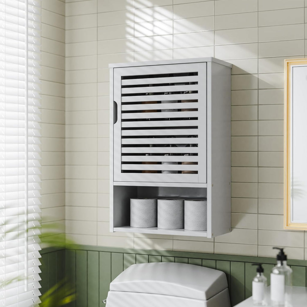 White Freestanding Bamboo Floor Cabinet with Adjustable Shelves and 4 Hooks L943024
