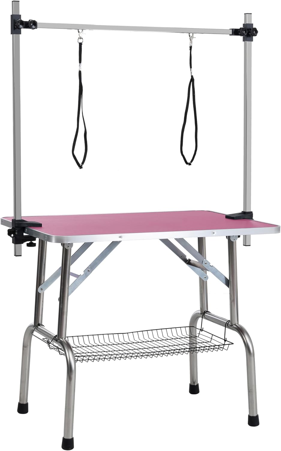 36" Folding Dog Pet Grooming Table with Adjustable Arm and Clamps, Loop Noose Stainless Steel Frame Rubber Mat D862