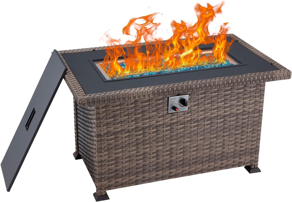Propane Fire Pit Table 44in 50000BTU Auto-Ignition Smokeless with Cover and Blue Fire Glass Black N995