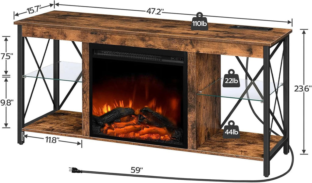 Rustic Brown Fireplace TV Stand with Led Lights and Power Outlets X613