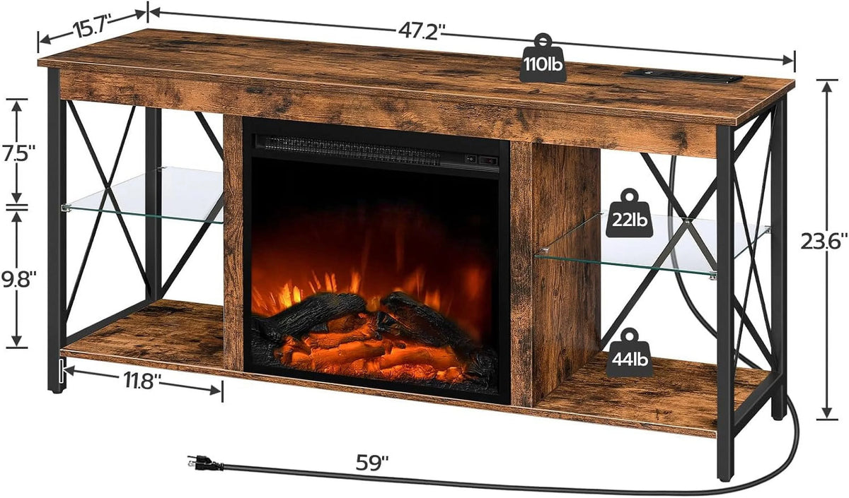 Rustic Brown Fireplace TV Stand with Led Lights and Power Outlets X613