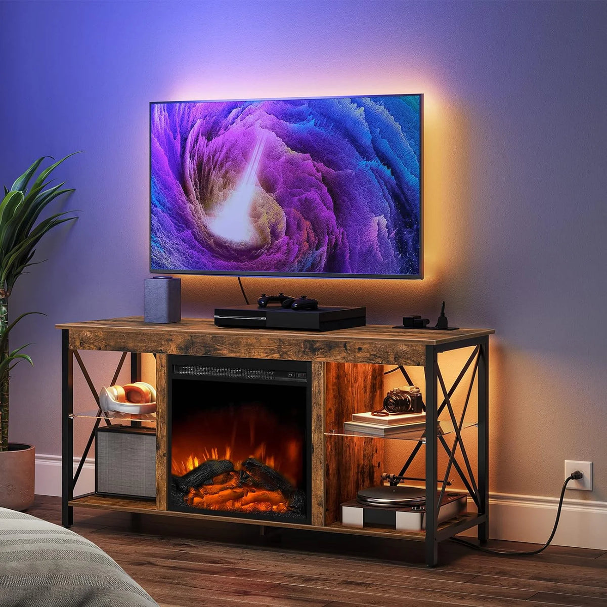 Rustic Brown Fireplace TV Stand with Led Lights and Power Outlets X613