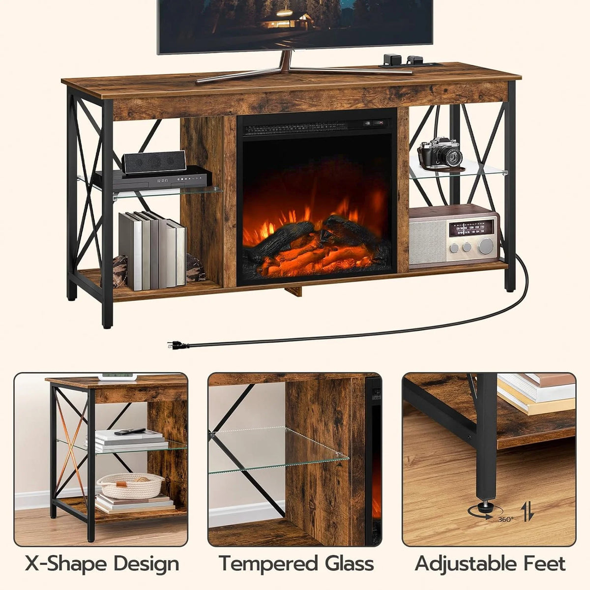 Rustic Brown Fireplace TV Stand with Led Lights and Power Outlets X613