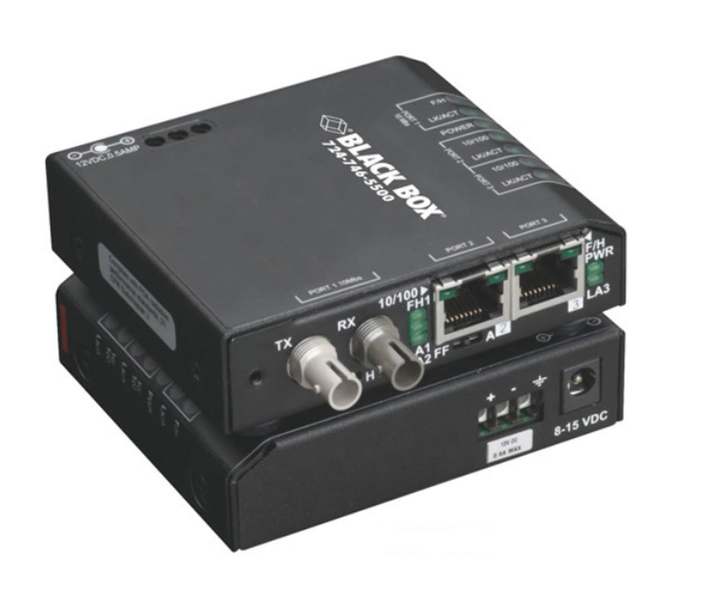 Black Box Hardened Media Converter Switch 12-VDC - RJ-45 to ST Multi-Mode Fiber Media Converter - 100 Mbps F9450