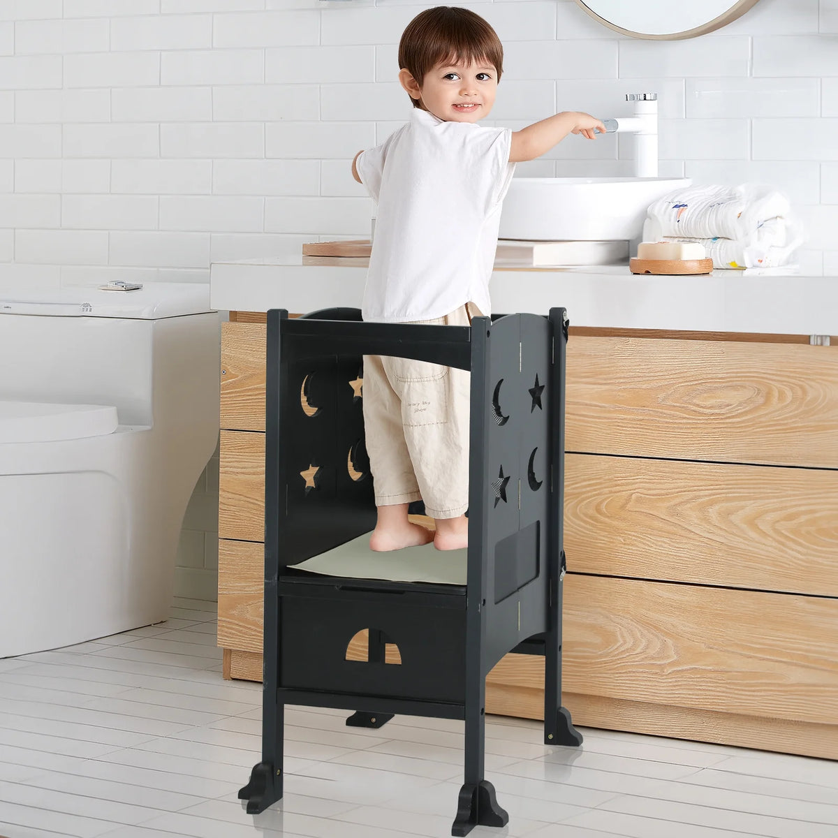 Wooden Folding Toddler Kitchen Step Stool, Black P8614