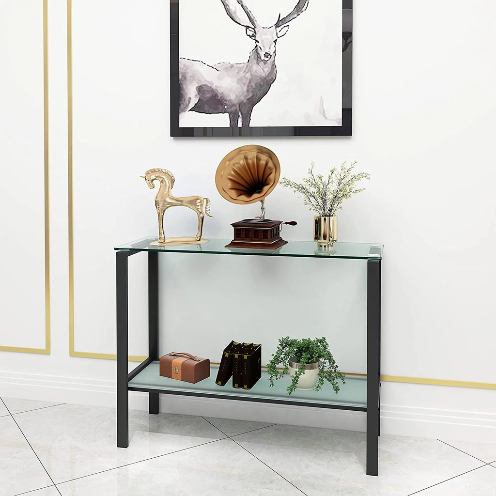 39.37" Black Console Table with 2 Shelves Tempered Glass Metal Frame Q95493