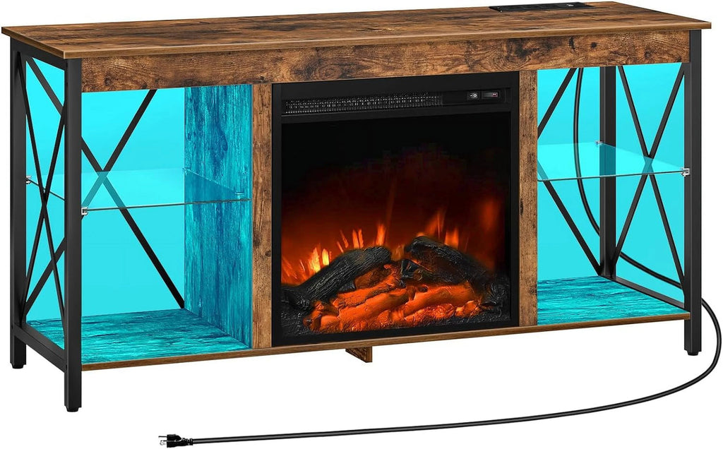 Rustic Brown Fireplace TV Stand with Led Lights and Power Outlets X613