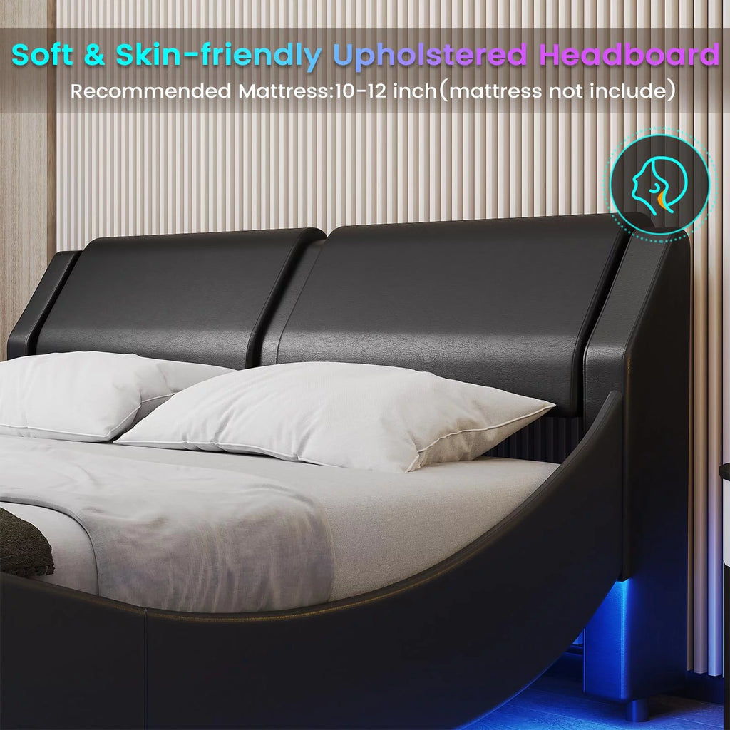King Size Faux Leather Platform Bed Frame with Headboard and LED Lights E3454