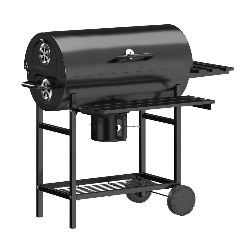Black 29” Barrel Outdoor Charcoal Grill with Side Shelf and Wheels O572054