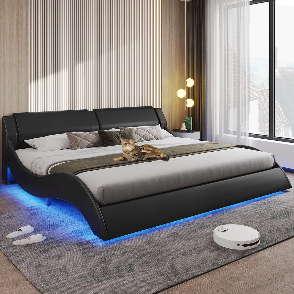 King Size Faux Leather Platform Bed Frame with Headboard and LED Lights E3454