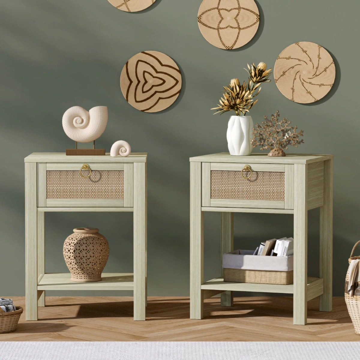 White Nightstand Set of 2 with Rattan Drawer and Open Storage Shelf J8894
