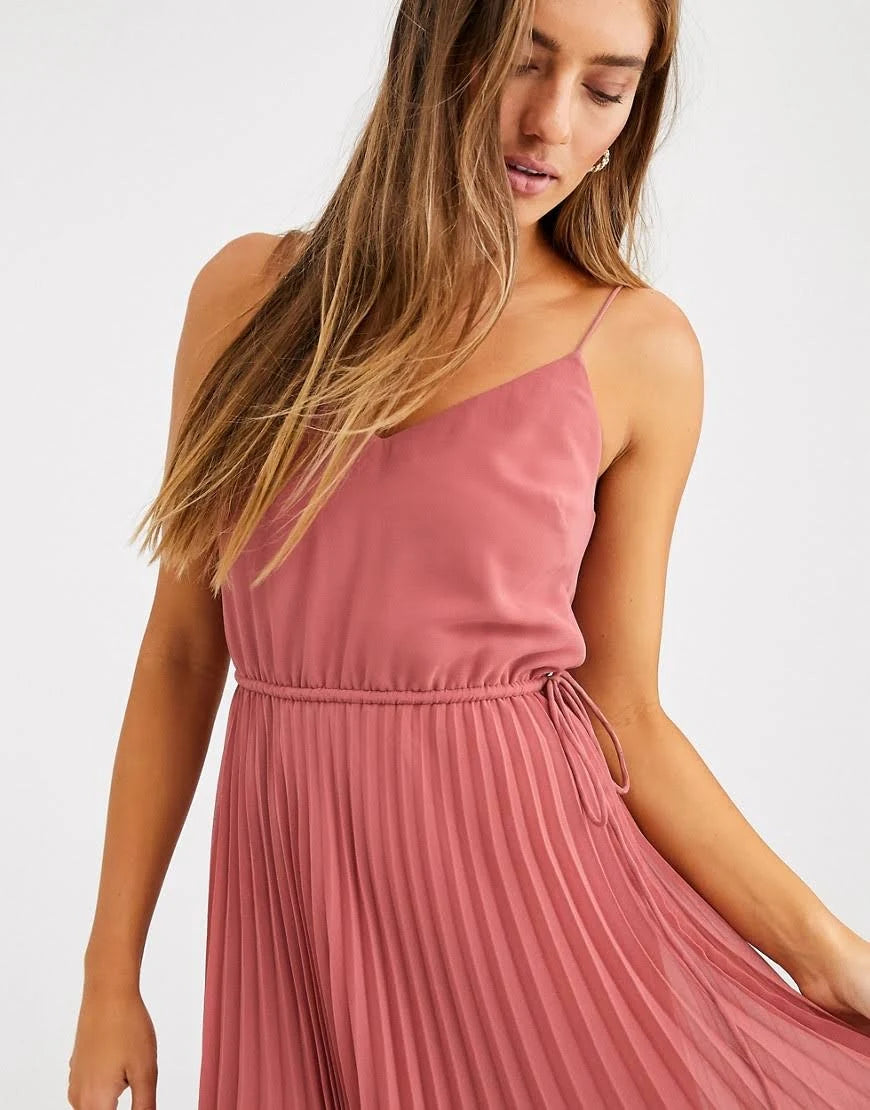 Dark Pink Pleated Cami Midi Dress with Drawstring Waist X375