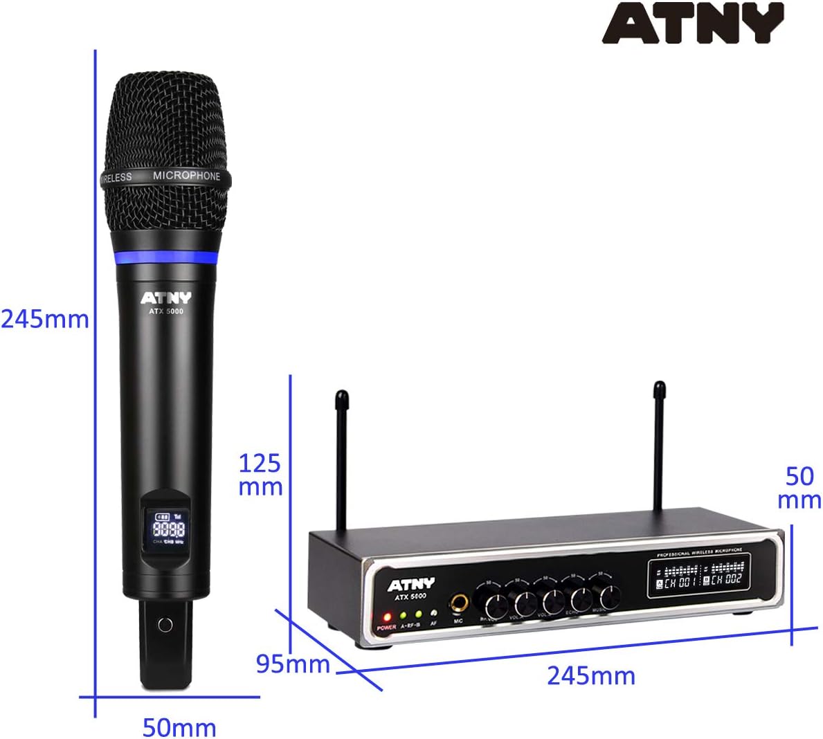 UHF Dual Channel Handheld Wireless Microphone System with 2 Rechargeable Metal Mics and LED Display O894
