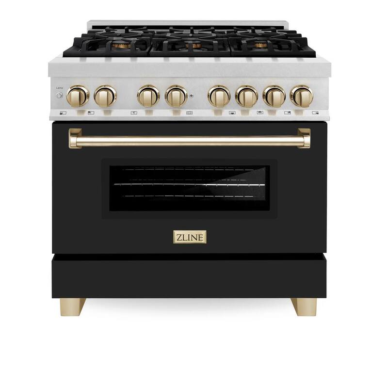 6-Burner Dual Fuel Range with Black Matte Door in Stainless Steel and Polished Gold T3541