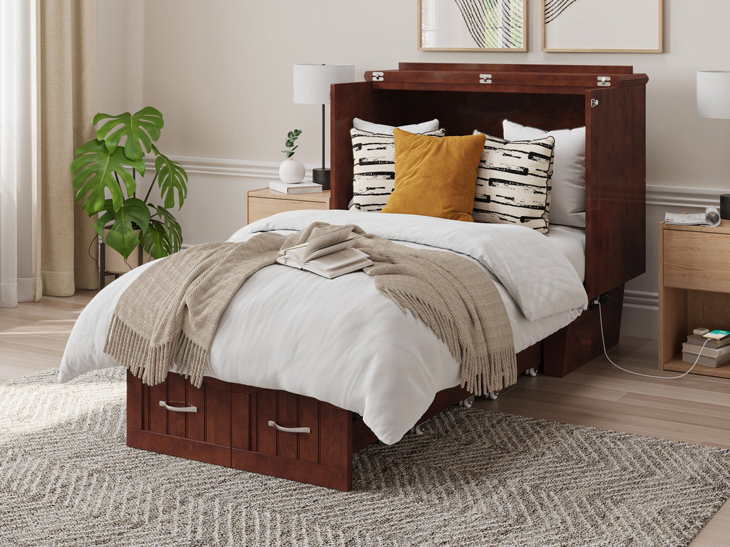 Twin Solid Wood Murphy Bed Chest with Mattress, Drawer & Charger, Walnut X35342