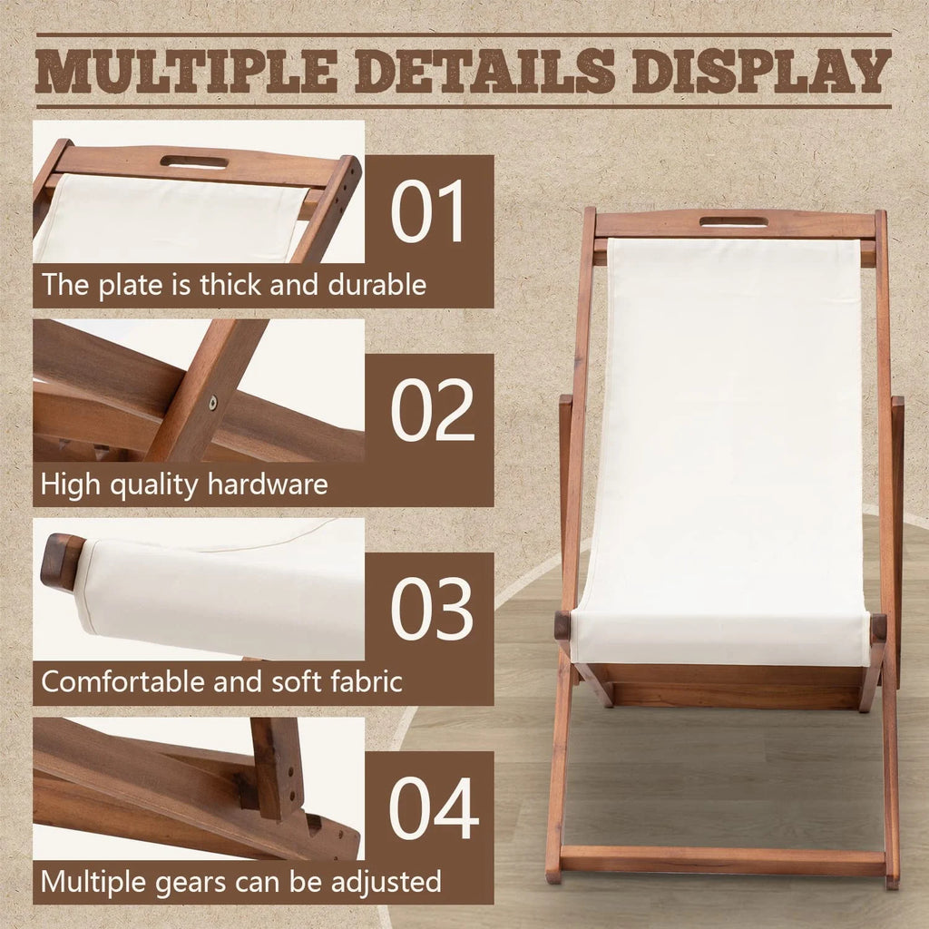 Outdoor Wooden Patio Lounge Chair 2 Set Beach Sling Chair Portable Reclining Solid Wood Frame White Polyester Canvas Khaki T41953